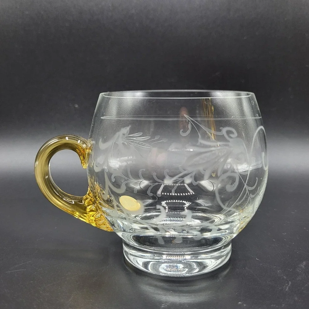 Vintage MCM Glass Etched Tea Cup Amber Handle Vintage Clear 3